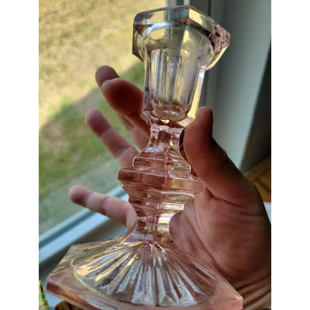 Vtg Depression Glass Pair of Dark Rose Pink Candlestick Holders  5